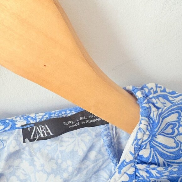 Zara Floral Ruffle Sleeve Cotton Poplin Mini Dress Blue White Size Large - Picture 6 of 14